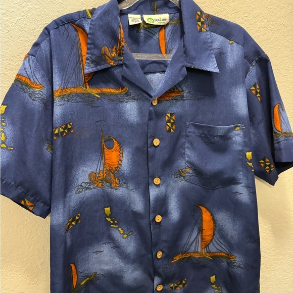 Ten2one Hawaiian Casual Blue and Orange Button Down Shirt size Large - Picture 1 of 6